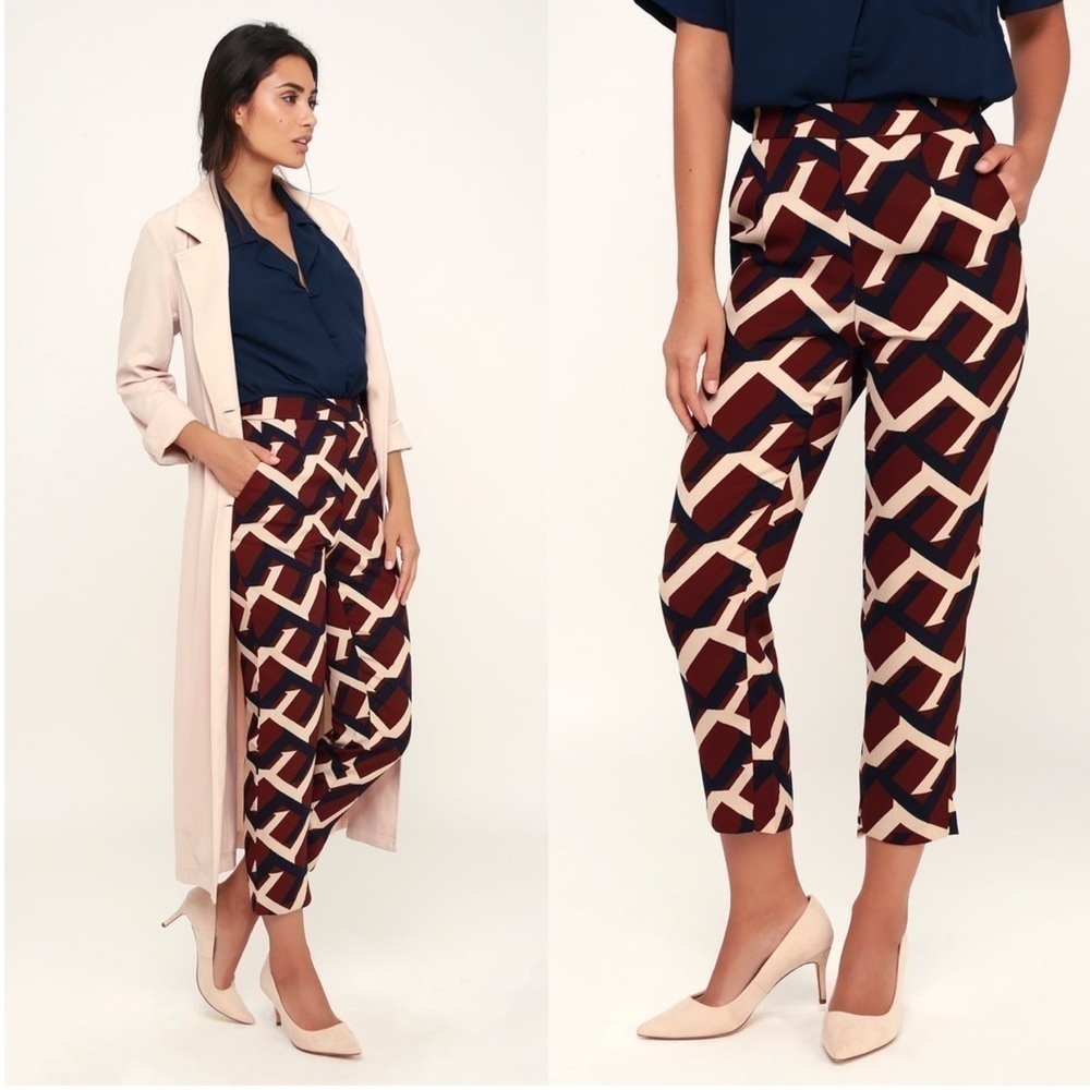 LULU’S Take Time Burgundy Multi Print Cropped Pants